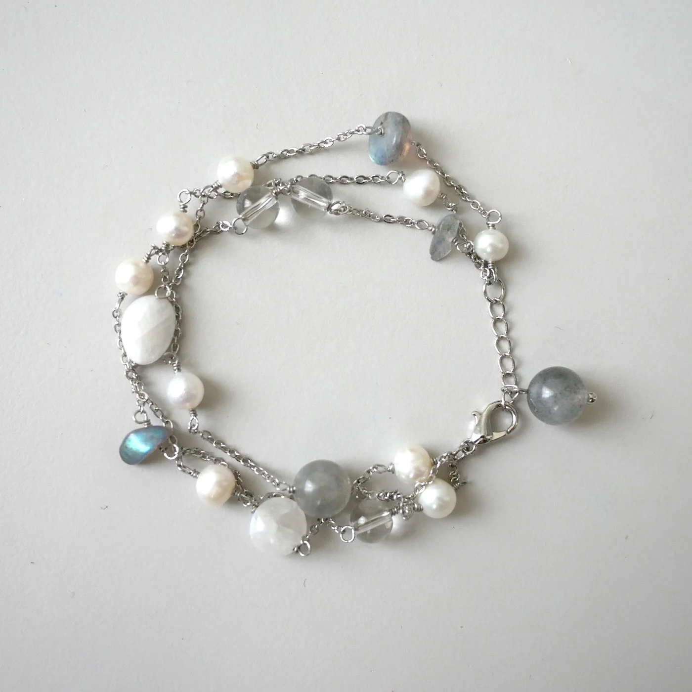 Luminous Tidal Dance — Moonstone,clear quartz, freshwater pearl, Sterling Silver 925 — handmade freshwater pearl bracelet by Ollie Pearls Bergen, Norway