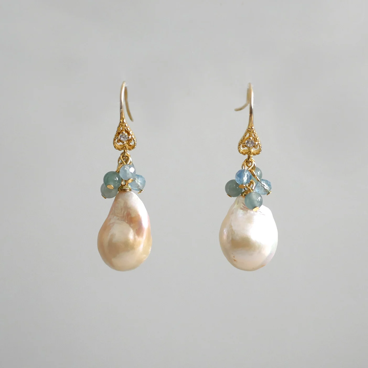 Serene Tide Drops — Blue Water Jade, Baroque Pearl, 18K gold plated sterling silver 925 — handmade pair of freshwater pearl earrings by Ollie Pearls Bergen, Norway
