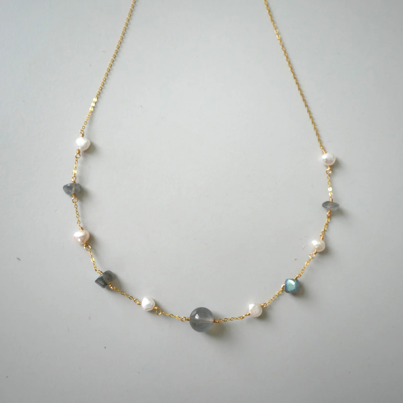 Serene Shoreline Necklace — Grey Moonstone, Freshwater Pearl, 18K gold-plated S925 — handmade freshwater pearl necklace by Ollie Pearls Bergen, Norway